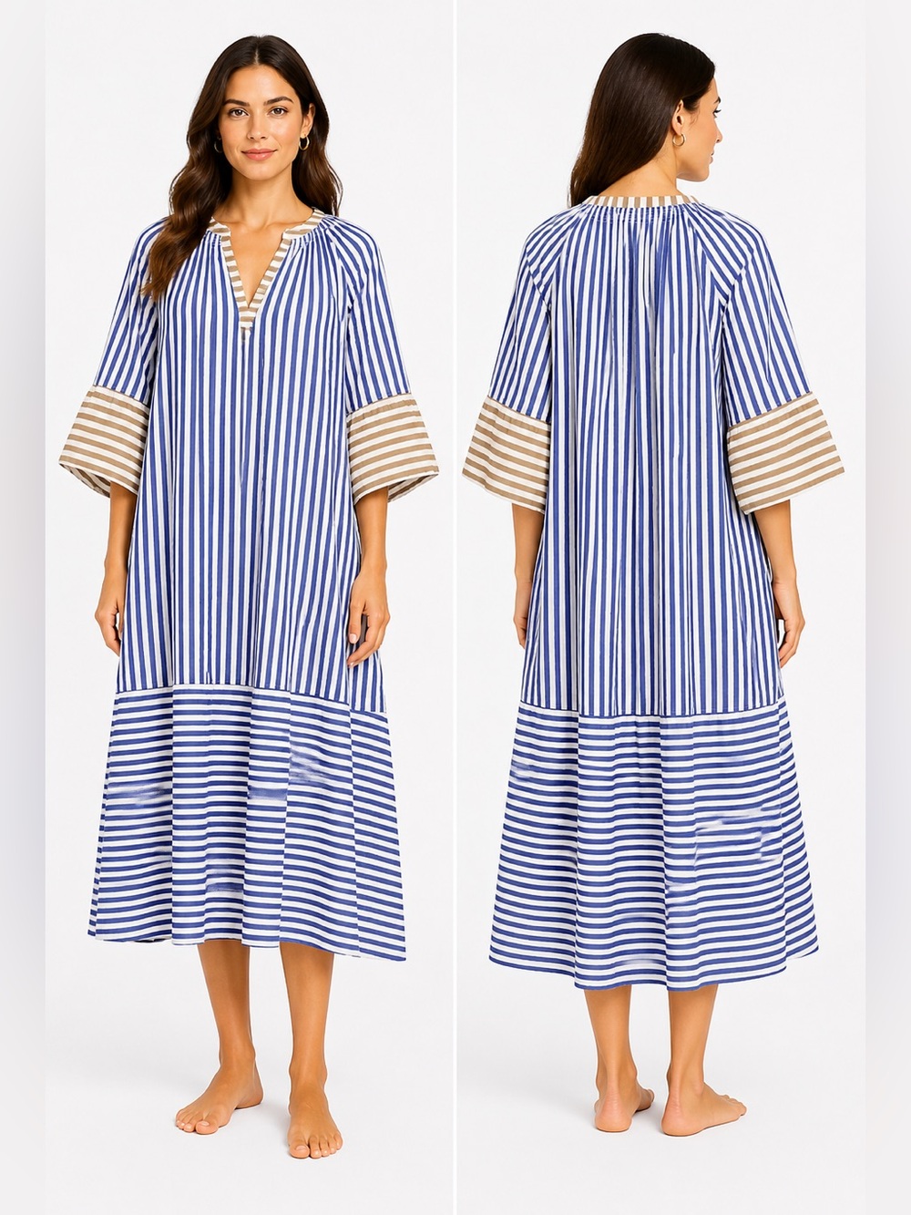 Apiece Apart Sun Mesa striped midi dress bell sleeve coastal cotton